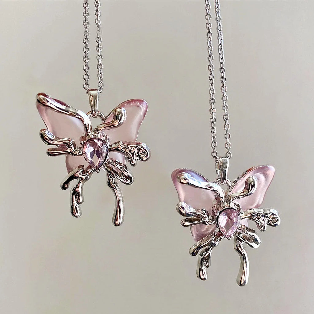 Y2K Sweet Cool Liquid Pink Butterfly Pendant Necklace Female Pink Zircon Water Drop Versatile Necklace Summer New Jewelry