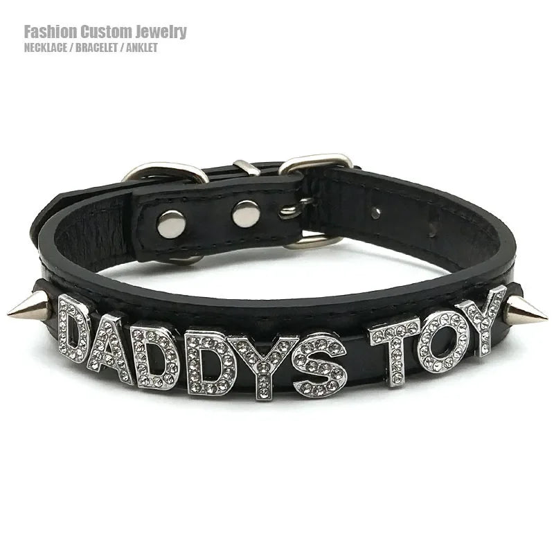 New Hot Sexy PU Leather Letters DADDYS TOY Customized Choker Necklace Punk Rivet DDLG Collar Chocker Jewelry Cosplay Necklaces
