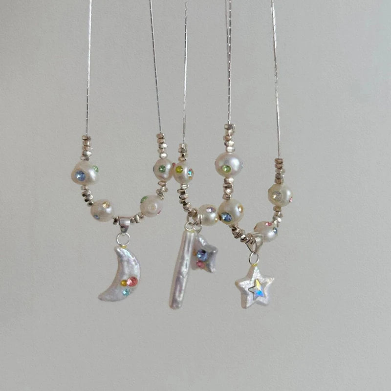 Aesthetic Colorful Rhinestone Star Pendant Silver Color Pearl Necklace for Women Beaded Neck Chain Y2K Jewelry Accessories