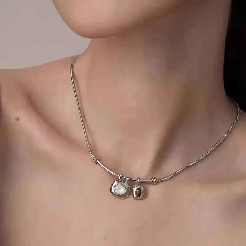 Korean Fashion Vintage Geometry Tigereye Stone Pearl Pendant Silver Color Snake Chain Choker Necklaces for Women Trendy Jewelry