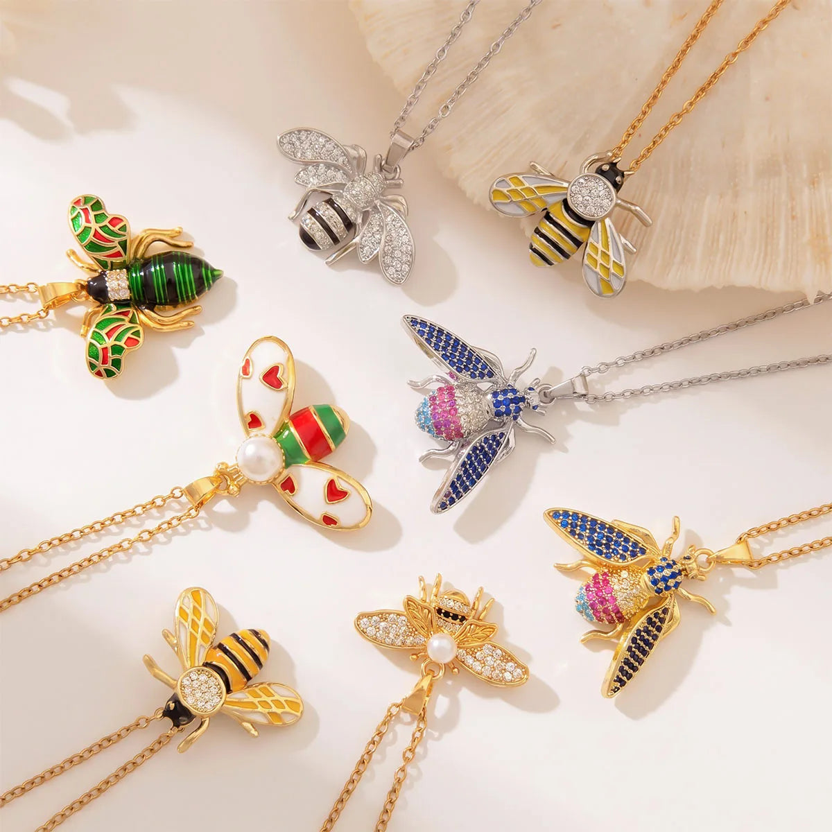 18K Gold Plated Cubic Zircon Spring Bee Pendant Necklace Women Titanium Steel Chain Fashion Party Jewelry