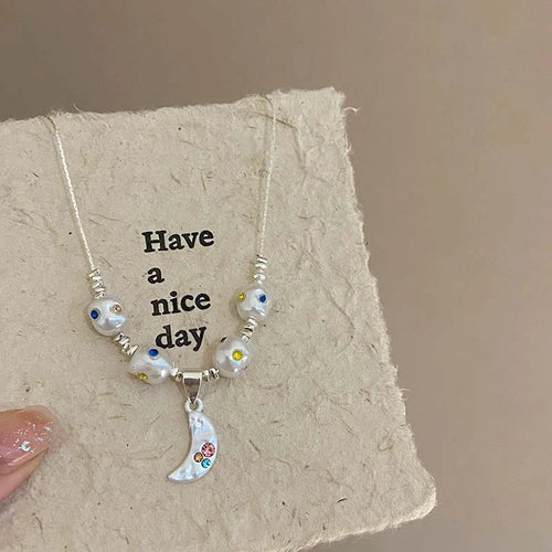 Aesthetic Colorful Rhinestone Star Pendant Silver Color Pearl Necklace for Women Beaded Neck Chain Y2K Jewelry Accessories