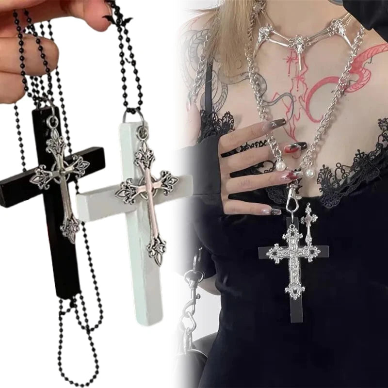 Y2K Wood Cross Black Drill Pendant Necklace for Women Men Fashion Vintage Cool Spicy Girls Hip Hop Necklace Party Jewelry Gifts