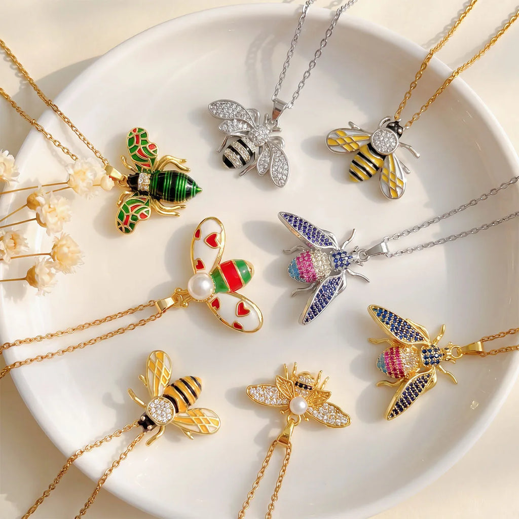 18K Gold Plated Cubic Zircon Spring Bee Pendant Necklace Women Titanium Steel Chain Fashion Party Jewelry