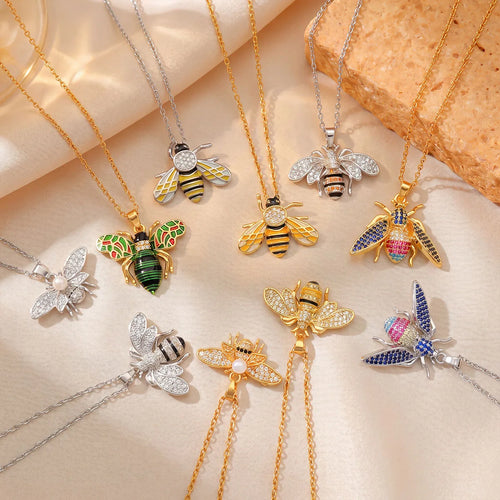 18K Gold Plated Cubic Zircon Spring Bee Pendant Necklace Women Titanium Steel Chain Fashion Party Jewelry