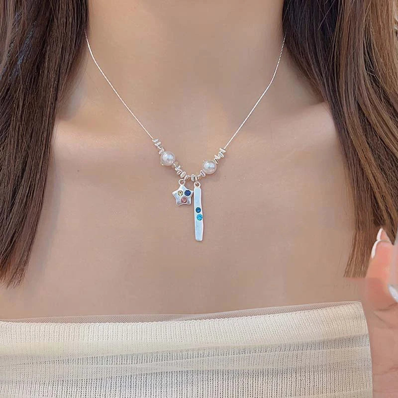 Aesthetic Colorful Rhinestone Star Pendant Silver Color Pearl Necklace for Women Beaded Neck Chain Y2K Jewelry Accessories